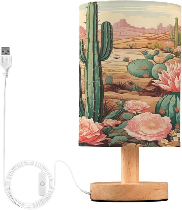 ARGTILDN Cactus Flowers Desert LED Table Lamp for Bedroom Bedside Lamp with USB