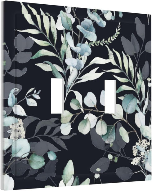 Decorative Switch Plate Covers Boho Black Grey Eucalyptus Leaf Floral, 2 Gang Double Toggle Light Switch Cover for Home