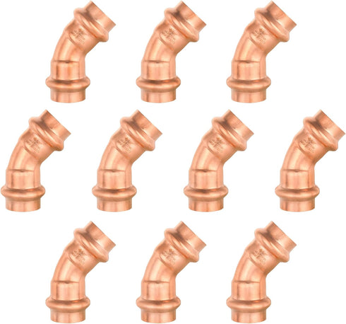 10-Pack Copper Press Elbow, GUOFIS, 1/2" x 1/2" 45° Elbow Fittings