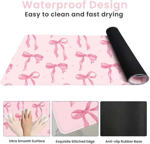 Wirfray 23.6" 11.8" Pink Mouse Pad, Pink Desk Mat Bows Laptop Pad Computer Mat, Gaming Keyboard and Mouse Pad Non-Slip