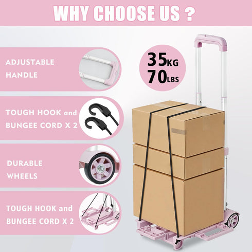 2 Backpack Folding Dolly Pink Hand Cart,Folding Hand Truck Aluminum Trolley,Small Dolly, Foldable Hand Cart Wheel