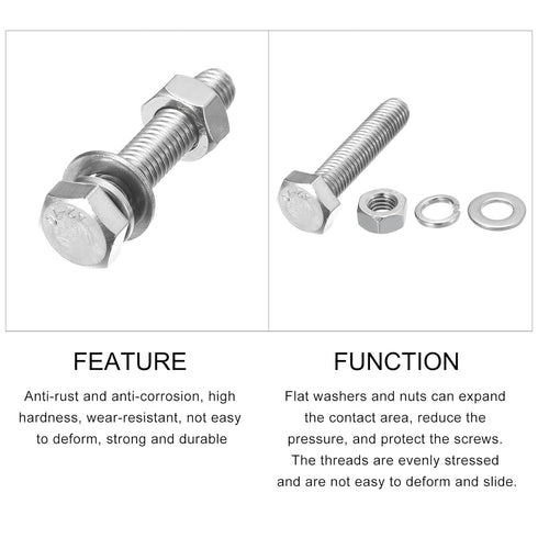 Hex Head Screws Bolts, Nuts, Flat & Lock Washers Kits (M8-1.25x40mm) 4 Set, Stainless Steel Machine Screws