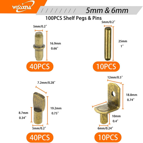 WISSXNA 100Pcs 4 (5mm 6mm) Shelf Pegs for Shelves, Styles Shelf Pins Kitchen Cabinet Shelf Pegs,Bronze Shelf Holders