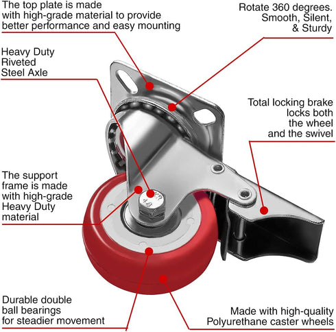 8 Pack Caster Wheels Swivel Plate Casters on Red Polyurethane Wheels
