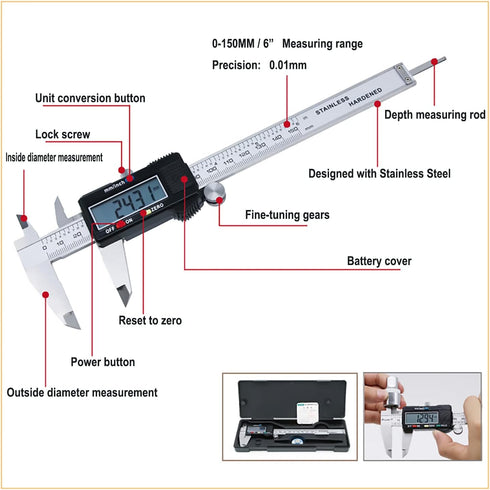 Digital Caliper: YKLSXKC 0-6" Electronic Measuring Tool with Large LCD Screen