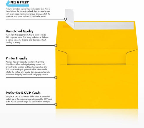 LUXPaper A2 Invitation Envelopes | Peel & Press | Sunflower Yellow | 4 3/8" x 5 3/4" | 80lb. Text | 50 Qty