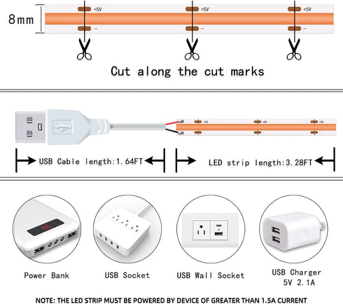 5V Dimmable (3.28FT/1M) Short Led Strip Lights Pink USB LED Lighting COB LED Strip Pink Flexible LED Tape Light Not