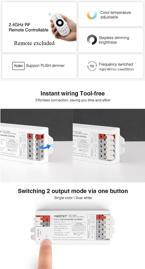 E2-RF 2 1 12-24V,Smartphone LGIDTECH Miboxer in LED Strip Light Controller with Tool-Free Wiring,Used for Normal Single