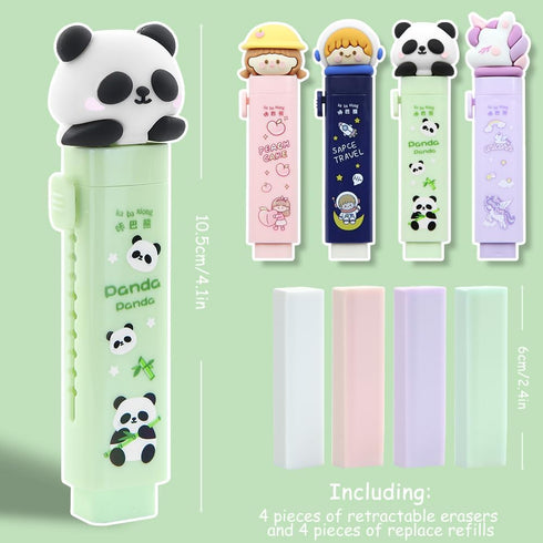 Cute 4 Pcs Retractable Rubber Eraser with 4 Refills, Astronaut Peach Girl Unicorn Panda for Kids School Supplies