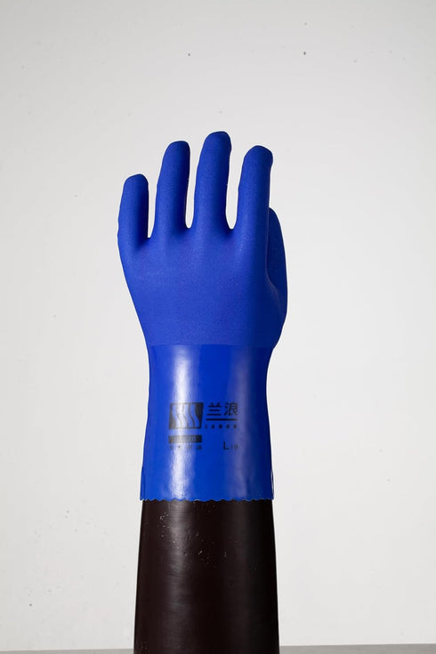 LANON PVC Chemical Resistant Gloves, Heavy-Duty Rubber Gloves, Non-Slip, Blue, Large, Acid, Alkali, Oil Protection