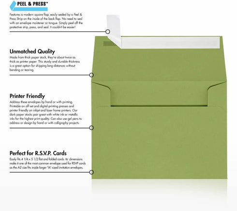 LUXPaper A2 Invitation Envelopes | Peel & Press | Avocado Green | 4 3/8" x 5 3/4" | 70lb. Text | 50 Qty