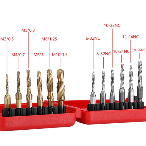 12pcs Metric & Inch Tap Drill Bits M3-M10 Hex Shank Plated HSS with Red Case for Tapping Various Threads