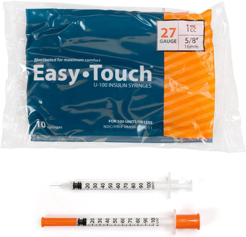EasyTouch U-100 Insulin Syringe with Needle, 27G 1cc 5/8-Inch (16mm), Box of 100