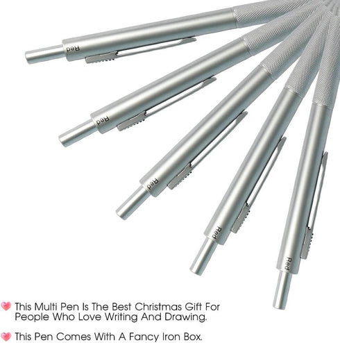 smttw 4 in 1 Multi-Function Refillable & Retractable Ballpoint Pen, Silver Metal Barrel with 0.5mm Mechanical Pencil