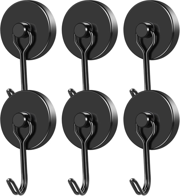 MIKEDE Magnetic Hooks, 110LB Heavy Duty Neodymium Black Magnet Hooks for Indoor Outdoor Hangers, 6 Pack
