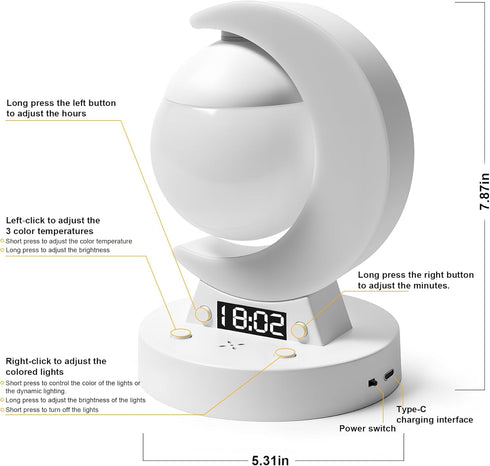 Lexvoltrix Dimmable RGB Moon Table Lamp with Clock Display, Bluetooth Speaker, LED Night Light with Music Mode & Scene
