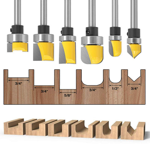 6 Set 1/4-Inch Trimming Mesee Pieces Template Router Bit with Bearing, Shank Straight Bits and Bowl Tray Bits V