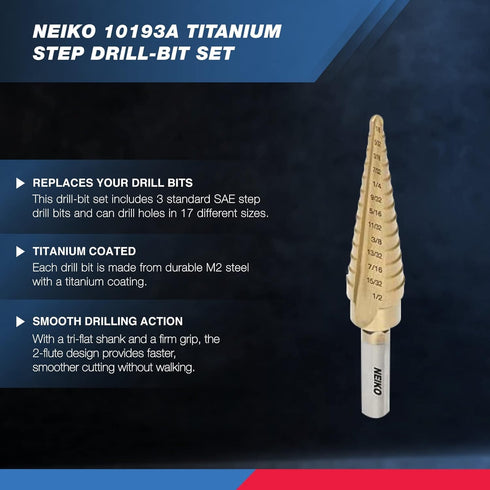 Neiko 10193A Titanium Step Bits, Unibit Set with 28 Sizes, High Speed Steel for Metal