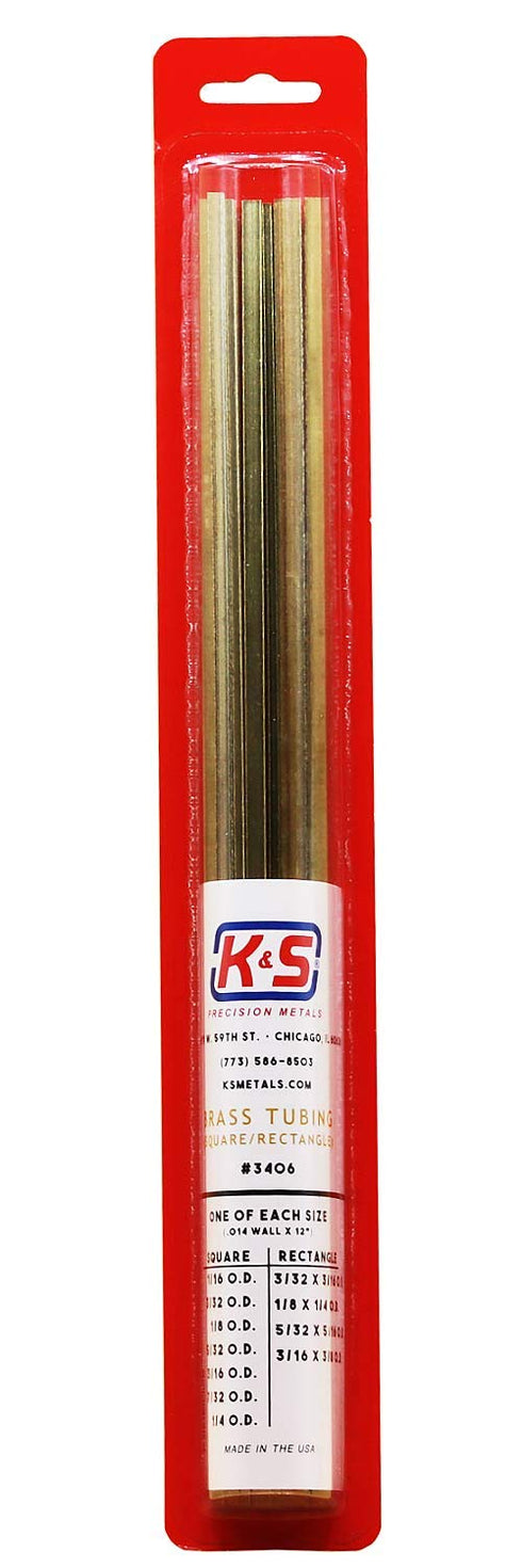 K & S 3406 Brass Square & Rectangular Tube Assortment, 11 Pieces, Made in The USA