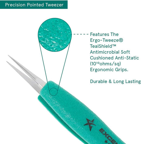 Excelta Very Fine Point Tweezers, Straight Ergonomic, Anti-Magnetic Stainless Steel, 0.5" Height, 5.25" Length