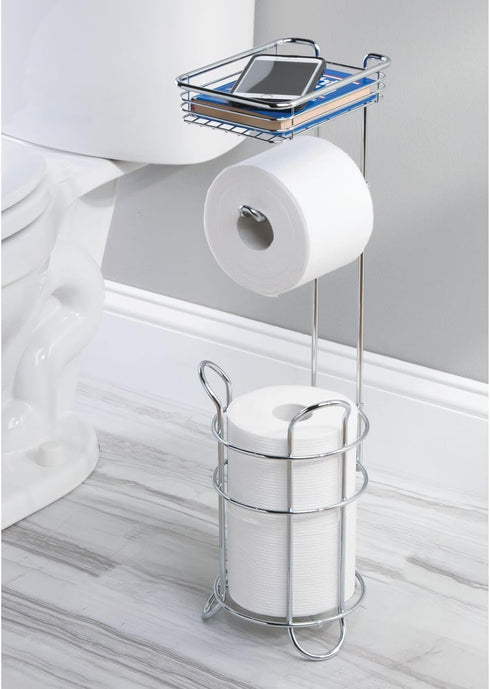 3 mDesign Steel Toilet Paper Holder with Storage Shelf - Concerto Collection - Chrome - Holds Rolls