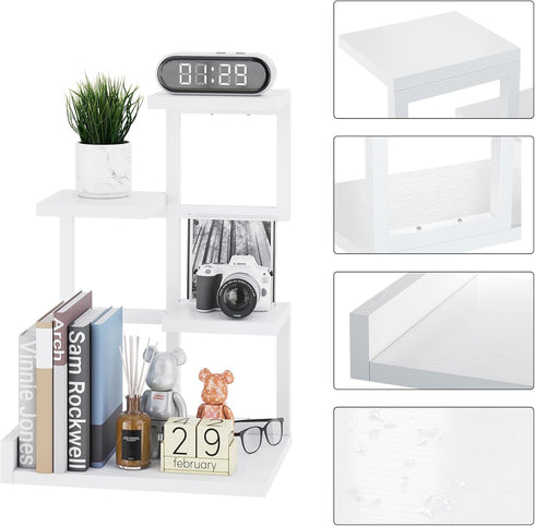 YMYNY Desktop Shelf Organizer, 4 Tier Storage Display Rack, Small Bookshelf with Metal Frame, White