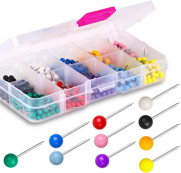 Yalis Push Pins 600-count Map Tacks Marking Pins, 1/8-Inch Plastic Beads Head, 10 Assorted Colors