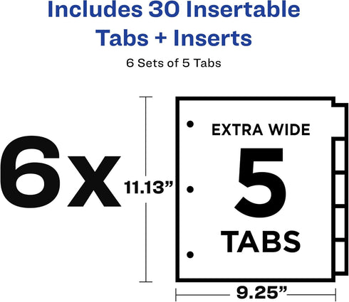 Avery Extra-Wide Big Tab Insertable Dividers for 3 Ring Binders - 5 Tab Sets, White Paper, Clear Tabs, 6 Sets (41121)