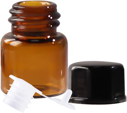 50 Pack 1ml Amber Mini Glass Essential Oils Sample Bottles with Black Caps for Oils, Perfumes & Lab Chemicals