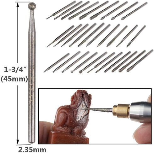 Yakamoz 30Pcs Titanium-Coated Diamond Burrs Set, 2.35mm Shank Rotary File Burs for Grinding Polishing Jewelry Glass