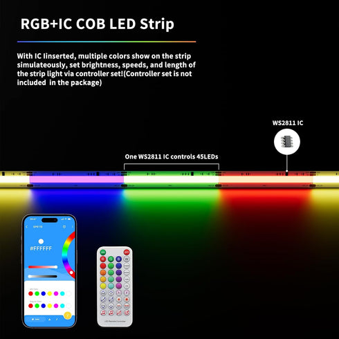 18ft 12V RGB Smart IC COB LED Strip Light Addressable Chasing Color LED Light Strip Multicolored Flexible RGB Lights