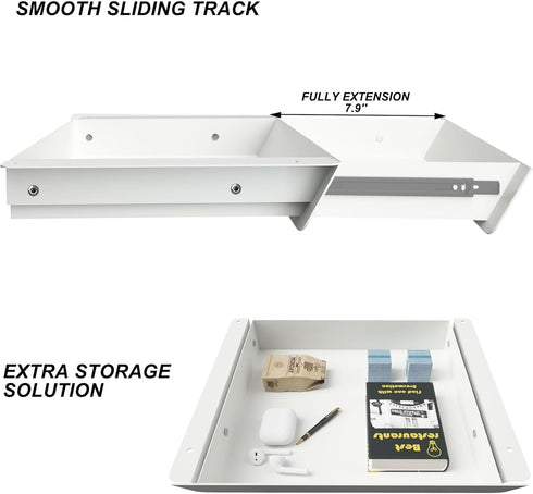 White Under Desk Mounted Sliding Drawer, 60 Degree Tilt Panel, 15'' long & 9'' deep Large Storage Organizer for Sit