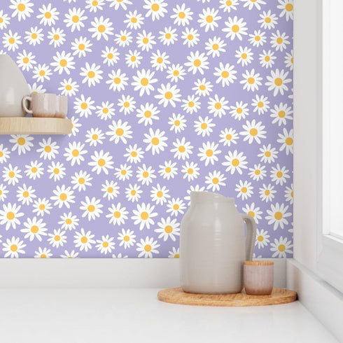 3ft 2ft 90S Y2K Spoonflower Peel & Stick Wallpaper x - Floral Daisies Mini Dollhouse Flowers Purple Lilac Spring Custom