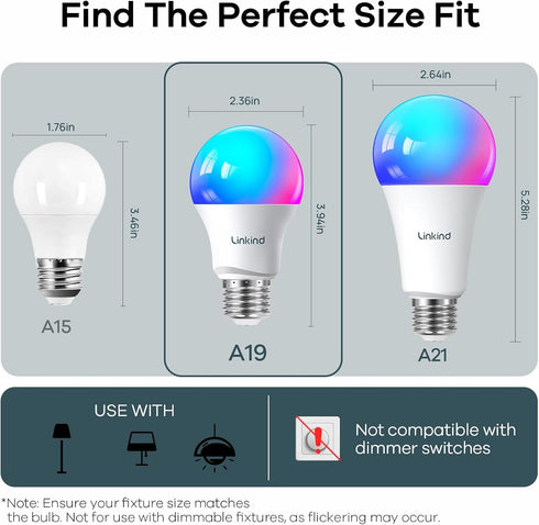 Bulbs, A19 Bulb 1100LM(75W E26 Bulbs 2.4GHz 11W, 4Pack Linkind Smart Light Smart - Equivalent), Compatible with Alexa
