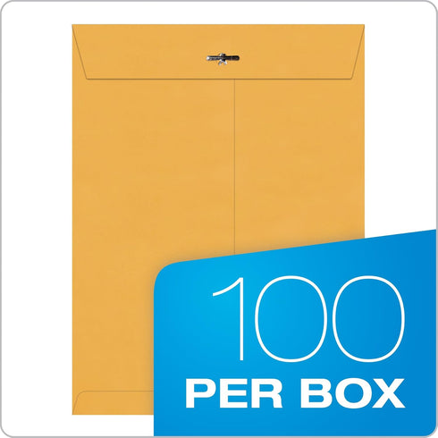 Quality Park 9 x 12 Clasp Envelopes, Extra Heavy-Duty 32 lb Kraft Paper, Clasp and Gummed Closures, 100 per Box
