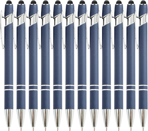 PASISIBICK 12 Pieces Blue Ballpoint Pen with Stylus Tip, 2 in 1 Stylish Metal Pen for Touch Screens, Black Ink (12 PCS)