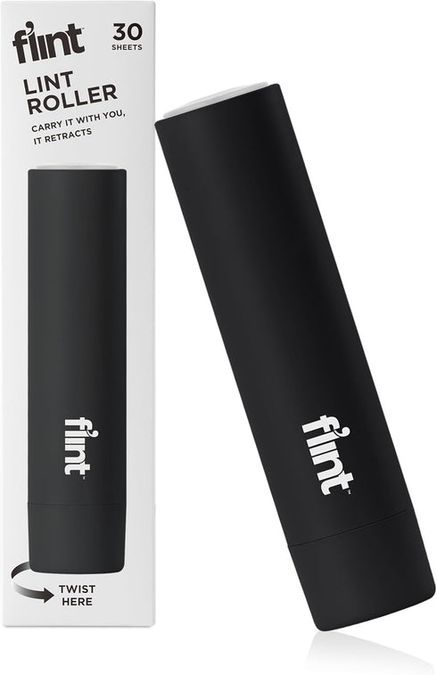 Flint Classic Black Retractable Mini Lint Roller - 30 Extra Sticky Sheets, Portable Pet Hair Remover, Travel Lint