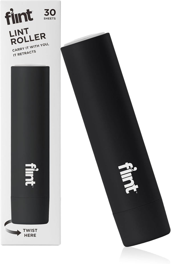 Flint Classic Black Retractable Mini Lint Roller - 30 Extra Sticky Sheets, Portable Pet Hair Remover, Travel Lint