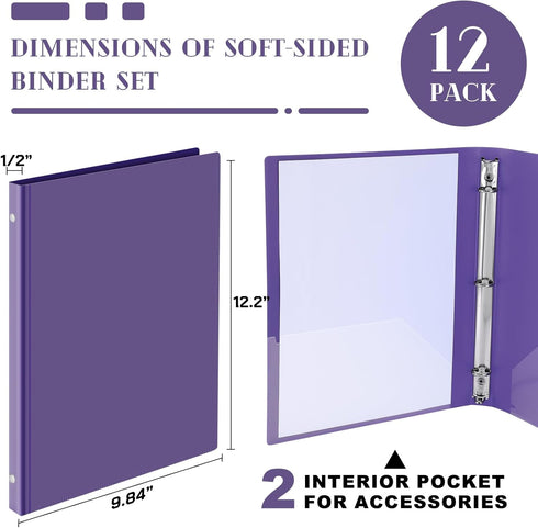 Fulmoon 12 Pcs Plastic Round Ring Binders 12.2 x 9.8 Inch with Pockets for Home, Office, School (Purple, 1/2 Inch)