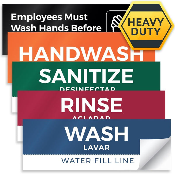 5 Pack Wash Rinse Sanitize Sink Labels, Waterproof Sticker Signs for Restaurant, Food Truck Supplies