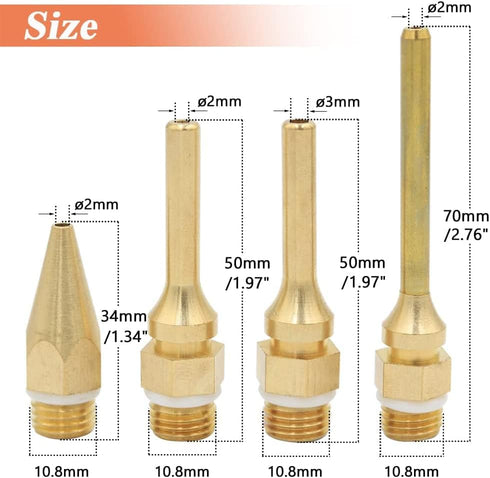 Eyech 4 pack Interchangeable Hot Glue Gun Nozzles Copper Glue Gun Nozzle Assortment Set for Melting Glue Gun Use Craft Repair Tool 2.0x70mm 2.0x50mm 2.0x34mm 3.0x50mm