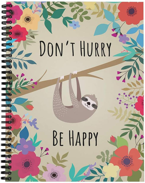 Softcover Be Happy 8.5" x 11" Funny Sloth Spiral Notebook/Journal, 120 Wide Ruled Pages, Durable Gloss Laminated Cover,
