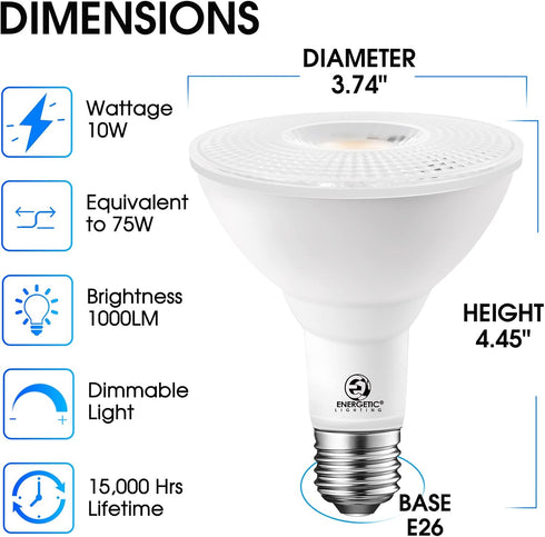 Energetic PAR30 LED Bulbs, Flood Light Outdoor Indoor 10 Watt (75 Watt Equivalent), 5000K Daylight, 1000 Lumens, E26 Base, Dimmable, Waterproof LED Recessed Light Bulbs for Security (2 Pack) by Energetic Lighting