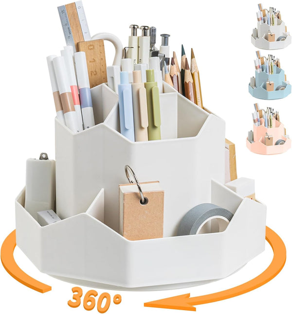 Pencil Pen Holder for Desk, 9 Slots 360 Degree Rotating Organizer for Office, School, White
