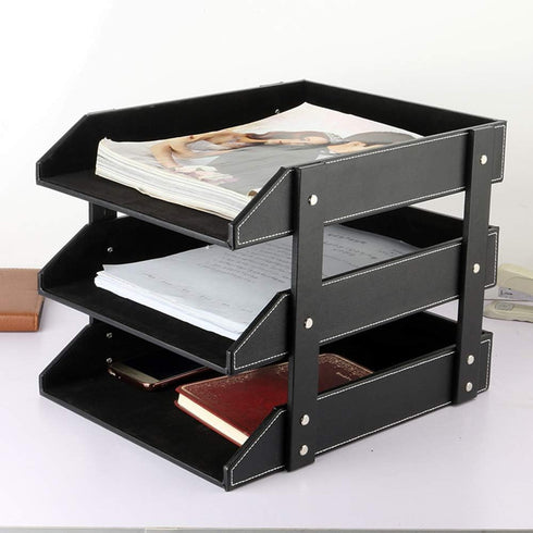 Leather Desk File Organizer, 3-Layer Stackable Tray for Documents, Folders, Stationery, and Other Home Office Sundries