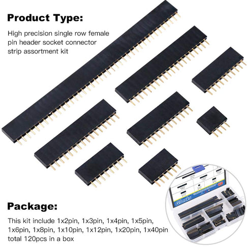 Glarks 120Pcs 2.54mm Straight Single Row PCB Board Female Pin Header Socket Connector Strip Assortment Kit