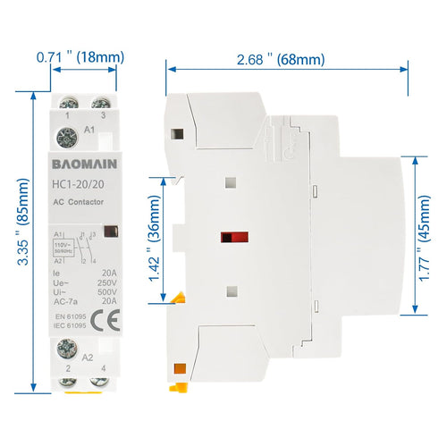 Baomain AC Contactor HC1-20/20, 110V 20A 2 Pole 2NO, Universal Circuit Control DIN Rail Mount