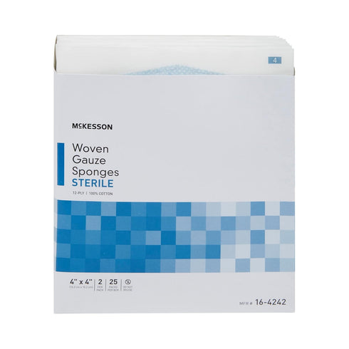 McKesson Woven Gauze Sponges, Sterile, 12-Ply, 100% Cotton, 4 in x 4 in, 50 Total, 25 Packs, 2 per Pack