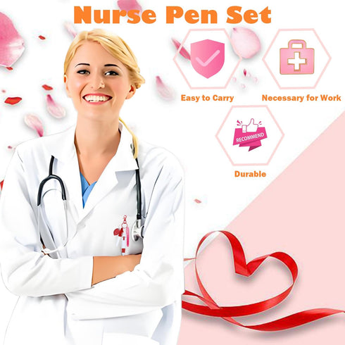 Nurse Pen Set - Badge Reel Pen with 6PCS Highlighter, Markers, Keychain Flashlight, and Ball Pen