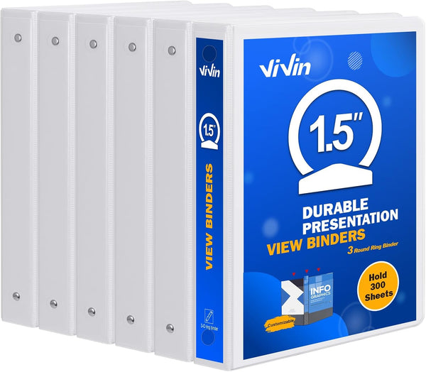 ViVin 1.5 Inch Round Ring View Binder, 300-Sheet Capacity, Basic 3 Ring Binder for 8.5" x 11" Paper, 6-Pack (White)